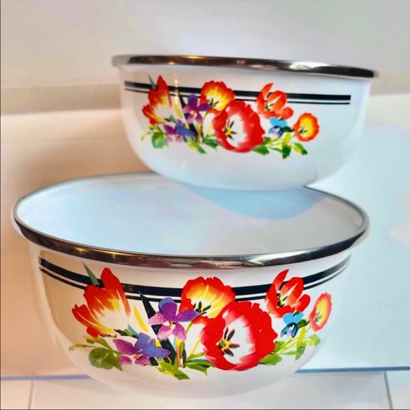 Vintage 1980s GMI Enamelware Nesting Bowl Set Floral MCM Tin Retro Dish Set 80s - Picture 3 of 8